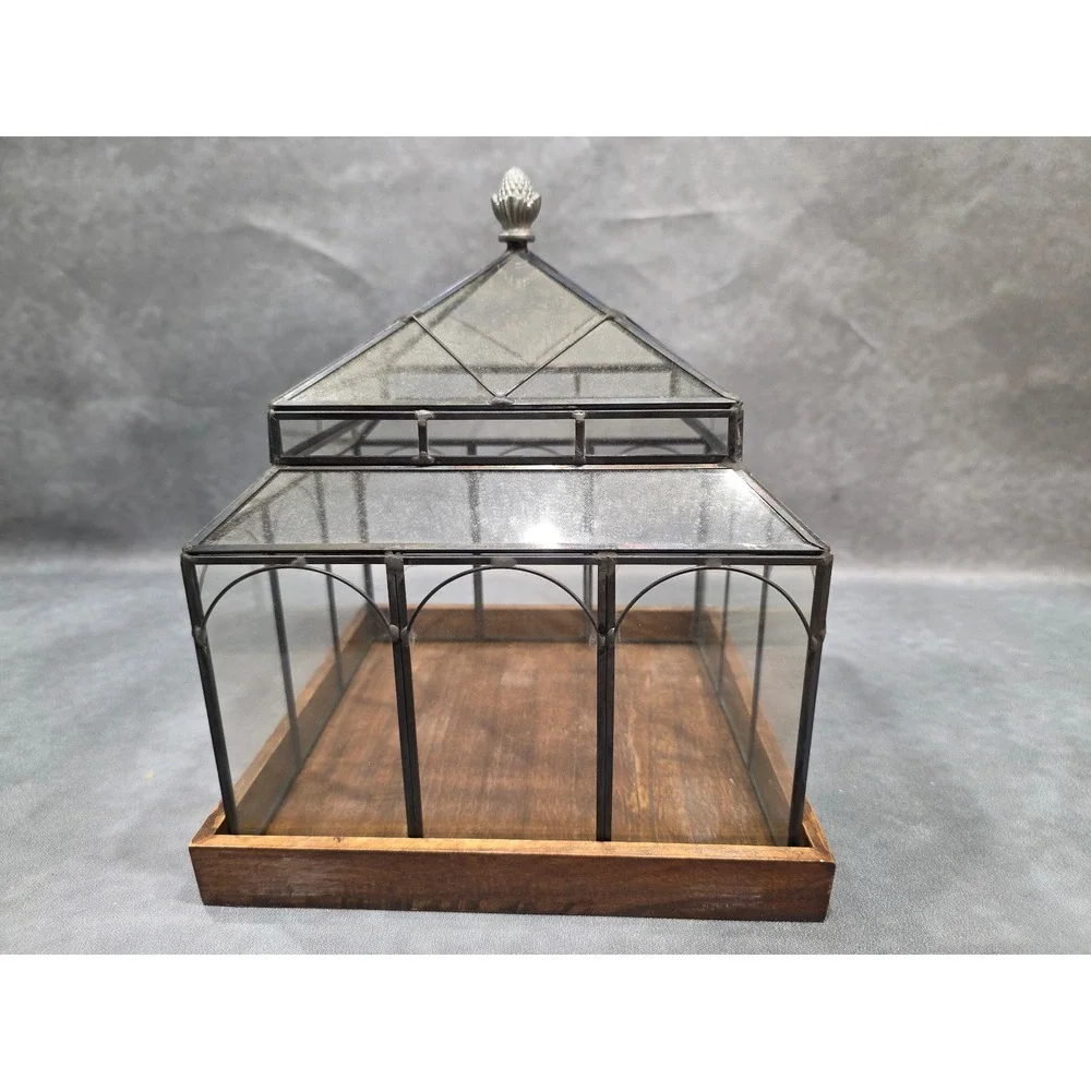 Vintage Style Glass Wardian Case Terrarium with Wooden Base and Metal Frame